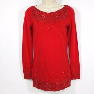 Oliver O Sparkling Red Sweater Women’s Sz M Scattered Crystals Front Hem & Cuffs